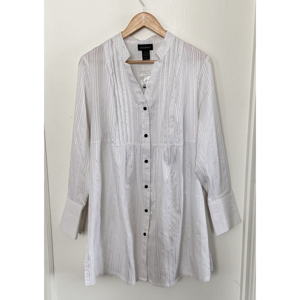 Lane Bryant 14/16 White Shimmer Stripe Tunic Blouse Long Sleeve A-Line